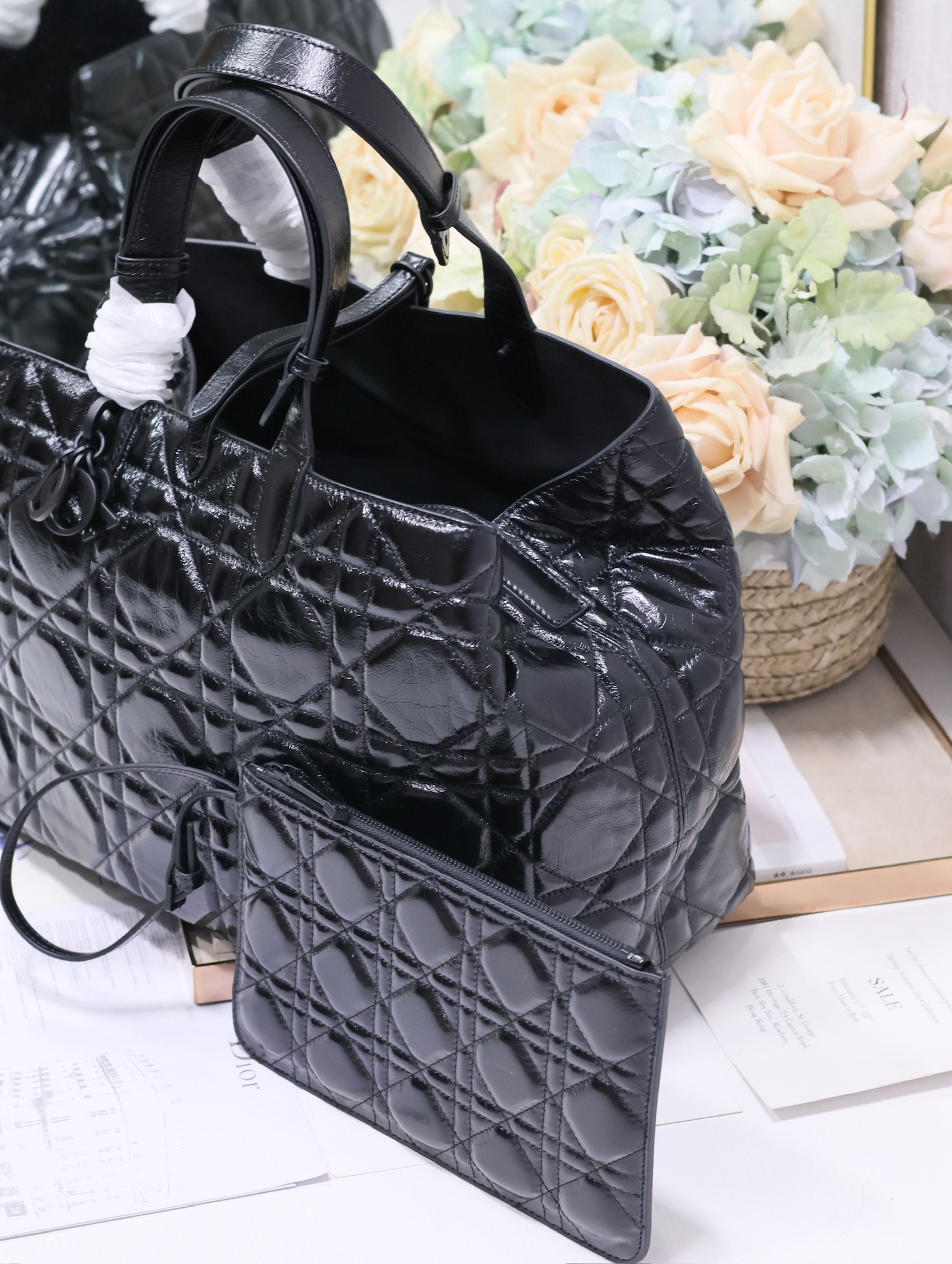 Large Dior Toujours Bag Black Macrocannage Crinkled Calfskin